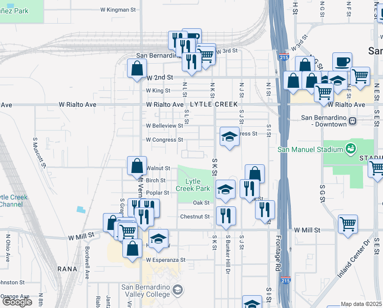 map of restaurants, bars, coffee shops, grocery stores, and more near 208 South L Street in San Bernardino