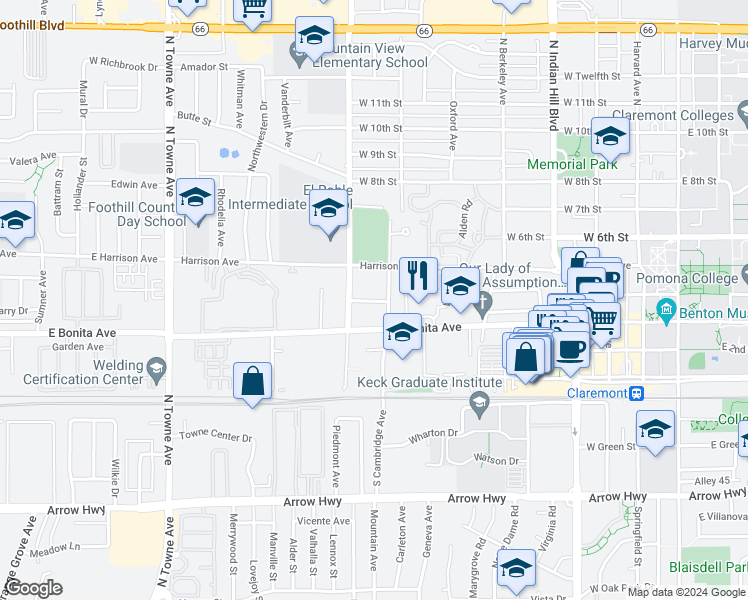 map of restaurants, bars, coffee shops, grocery stores, and more near 457 North Cambridge Avenue in Claremont