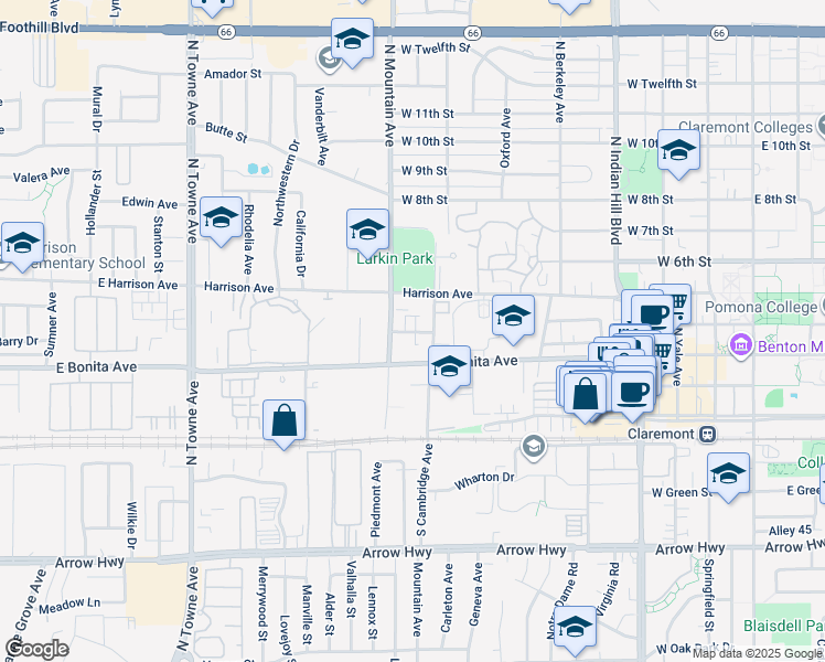 map of restaurants, bars, coffee shops, grocery stores, and more near 457 North Cambridge Avenue in Claremont