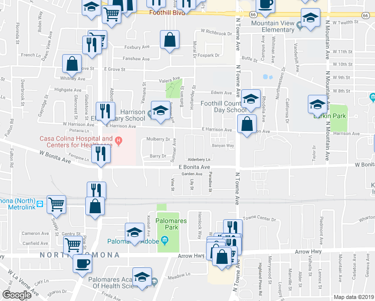 map of restaurants, bars, coffee shops, grocery stores, and more near 2870 Providence Way in Pomona