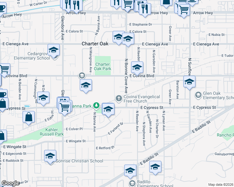 map of restaurants, bars, coffee shops, grocery stores, and more near 1018 North Darfield Avenue in Covina
