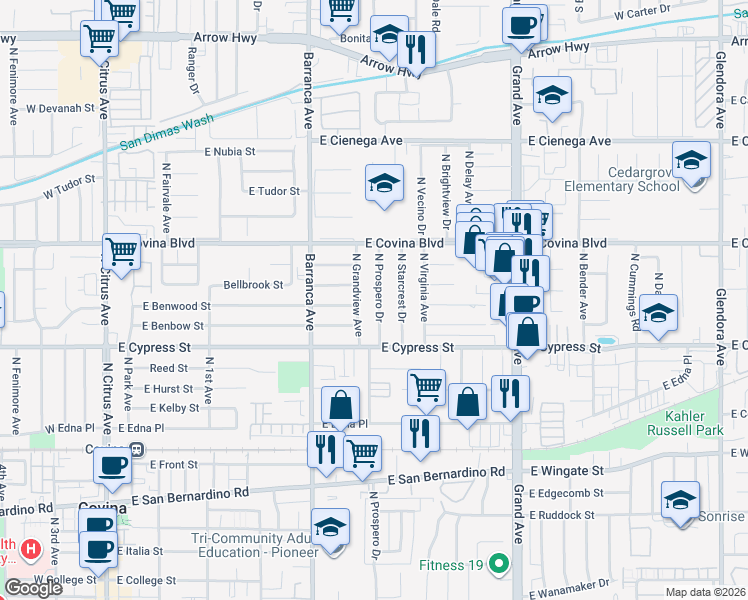 map of restaurants, bars, coffee shops, grocery stores, and more near 1020 North Grandview Avenue in Covina