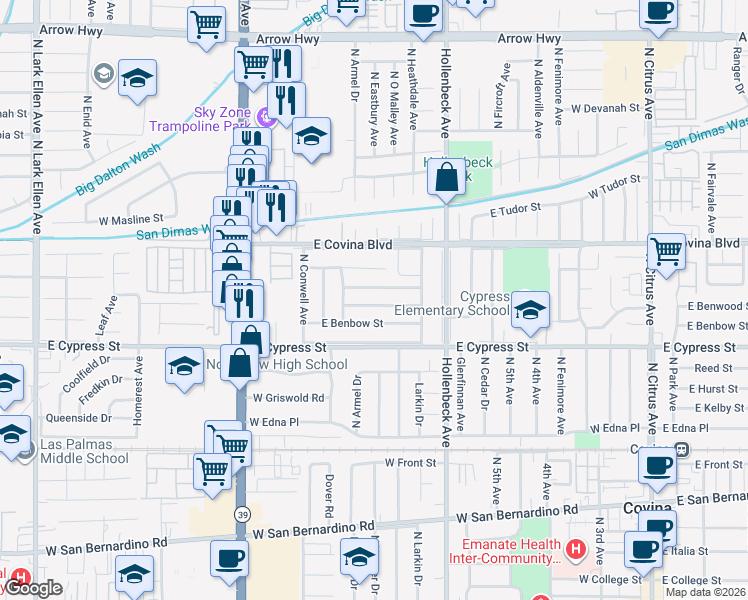 map of restaurants, bars, coffee shops, grocery stores, and more near 17805 East Bellbrook Street in Covina