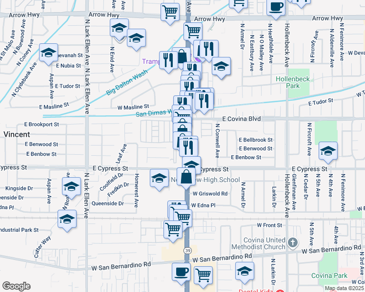 map of restaurants, bars, coffee shops, grocery stores, and more near 1040 State Route 39 in Covina