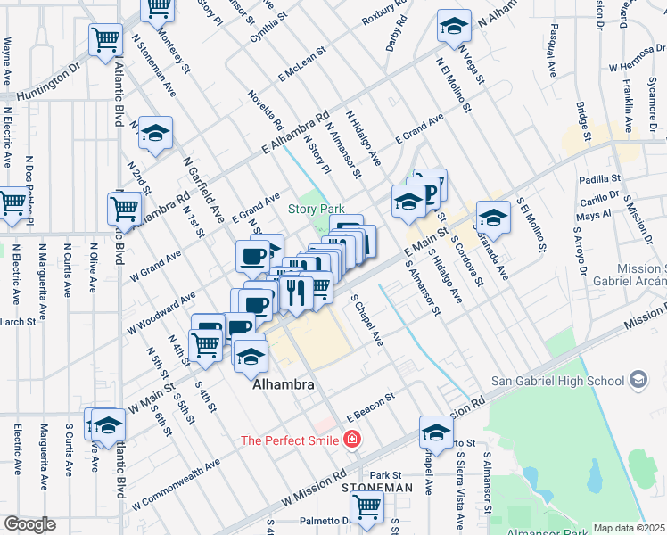 map of restaurants, bars, coffee shops, grocery stores, and more near 111 North Chapel Avenue in Alhambra