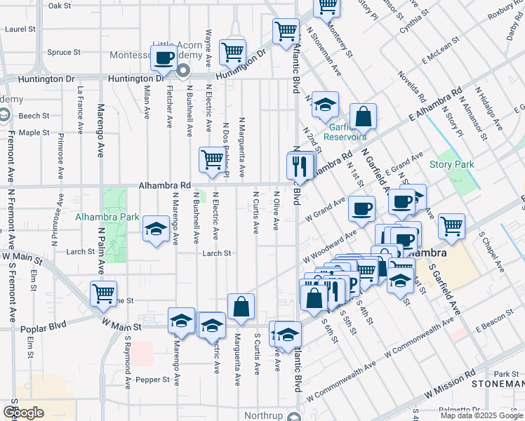 map of restaurants, bars, coffee shops, grocery stores, and more near 510 North Curtis Avenue in Alhambra