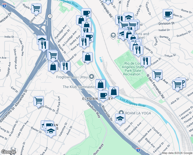 map of restaurants, bars, coffee shops, grocery stores, and more near 1839 Blake Avenue in Los Angeles