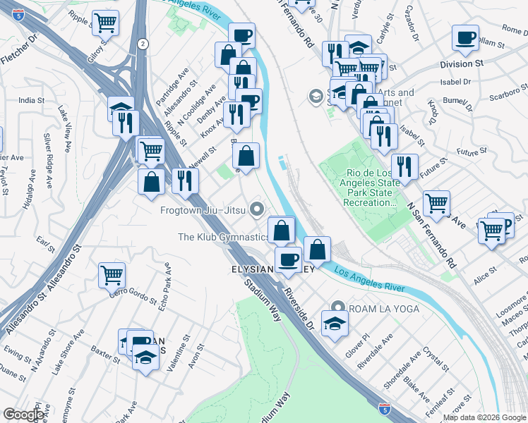 map of restaurants, bars, coffee shops, grocery stores, and more near 1839 Blake Avenue in Los Angeles