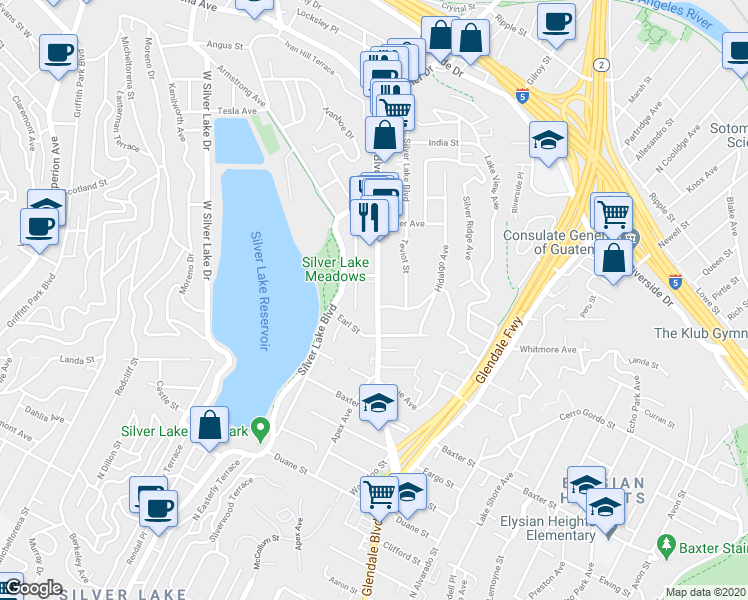 map of restaurants, bars, coffee shops, grocery stores, and more near 2336 Edgewater Terrace in Los Angeles