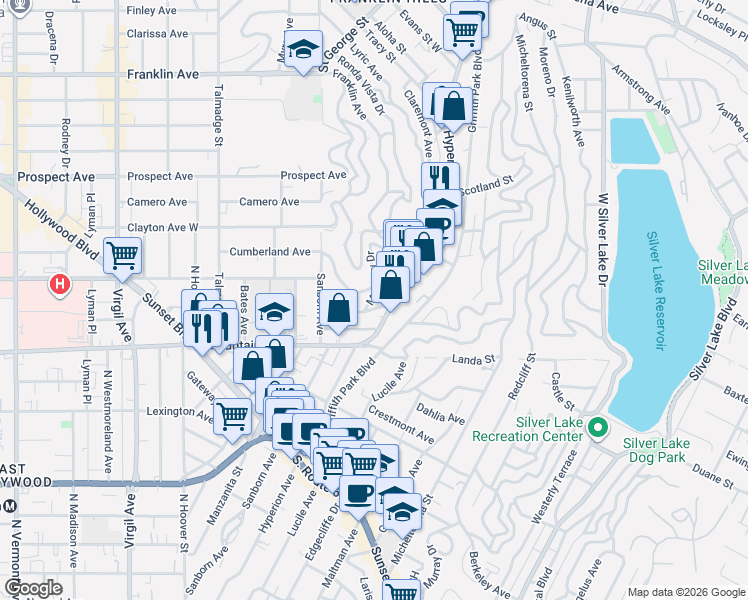 map of restaurants, bars, coffee shops, grocery stores, and more near 3807 Sunset Drive in Los Angeles