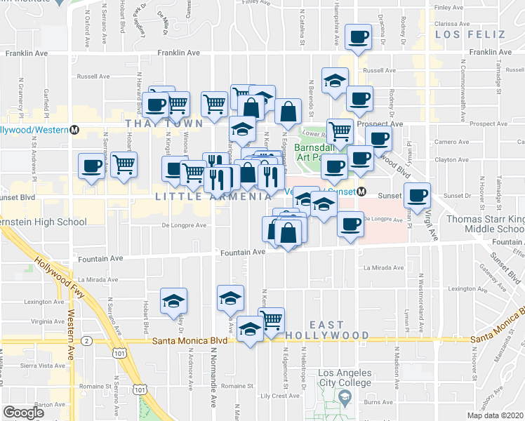 map of restaurants, bars, coffee shops, grocery stores, and more near 4950 Sunset Boulevard in Los Angeles