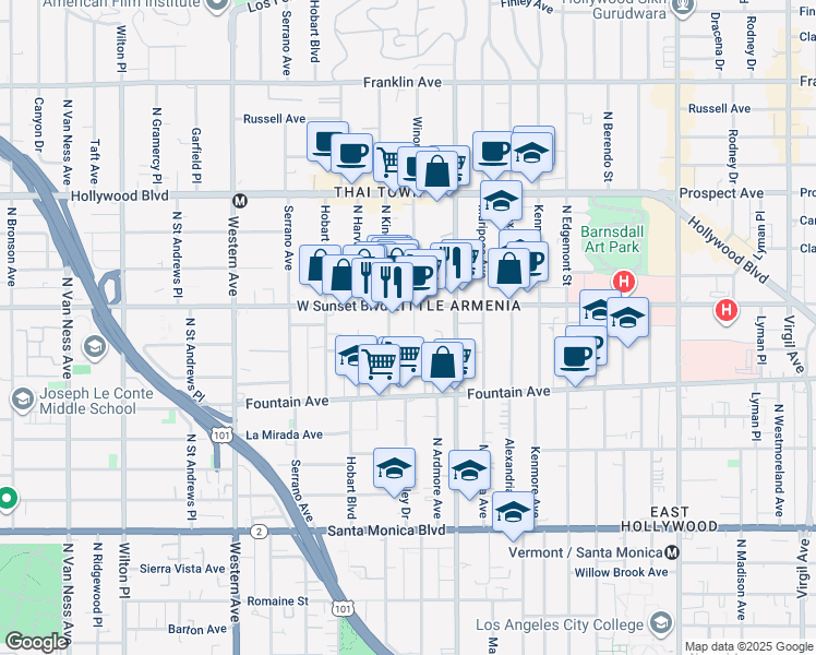 map of restaurants, bars, coffee shops, grocery stores, and more near 5140 Sunset Boulevard in Los Angeles