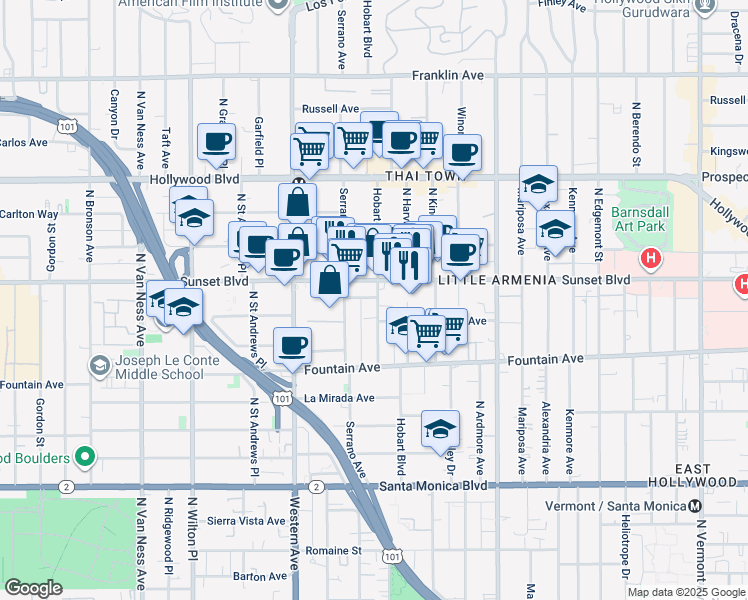map of restaurants, bars, coffee shops, grocery stores, and more near 5322 Sunset Boulevard in Los Angeles