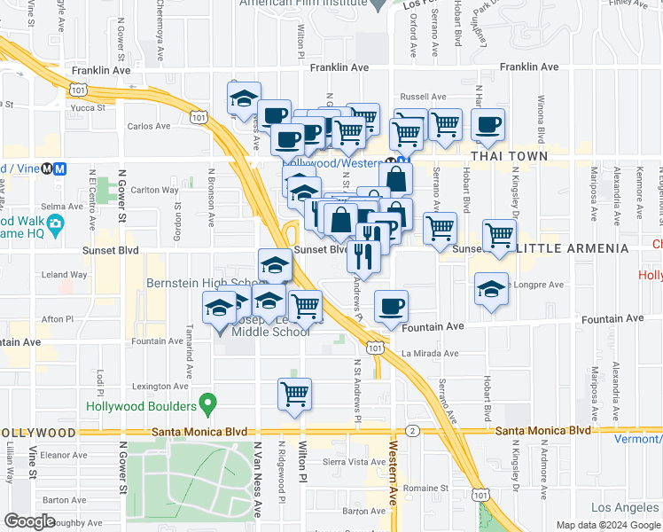 map of restaurants, bars, coffee shops, grocery stores, and more near 5625 Sunset Boulevard in Los Angeles