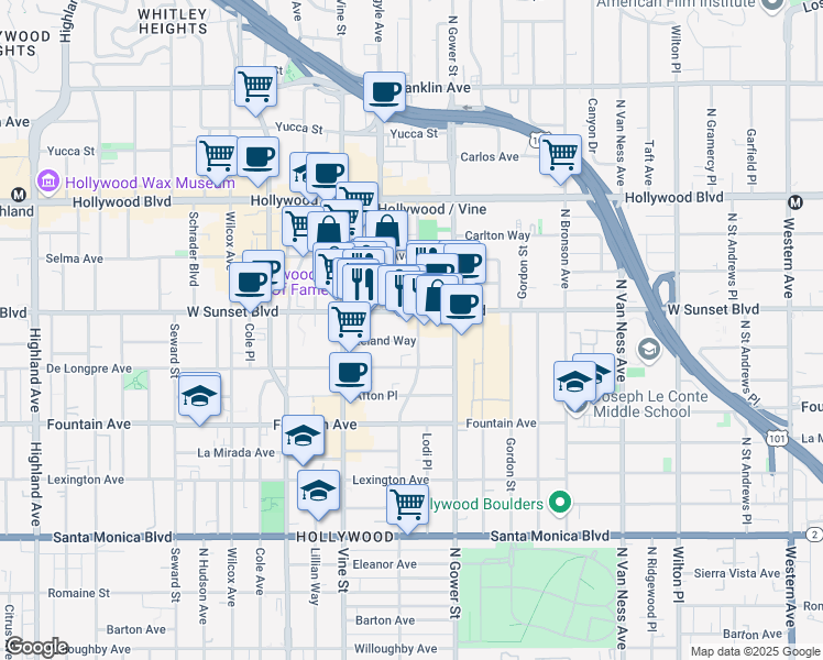 map of restaurants, bars, coffee shops, grocery stores, and more near 6210 Sunset Boulevard in Los Angeles