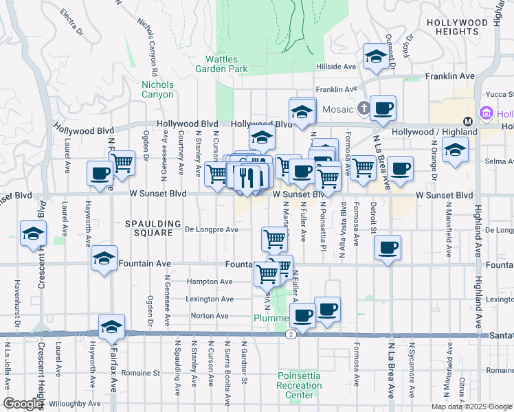 map of restaurants, bars, coffee shops, grocery stores, and more near 7439 Sunset Boulevard in Los Angeles