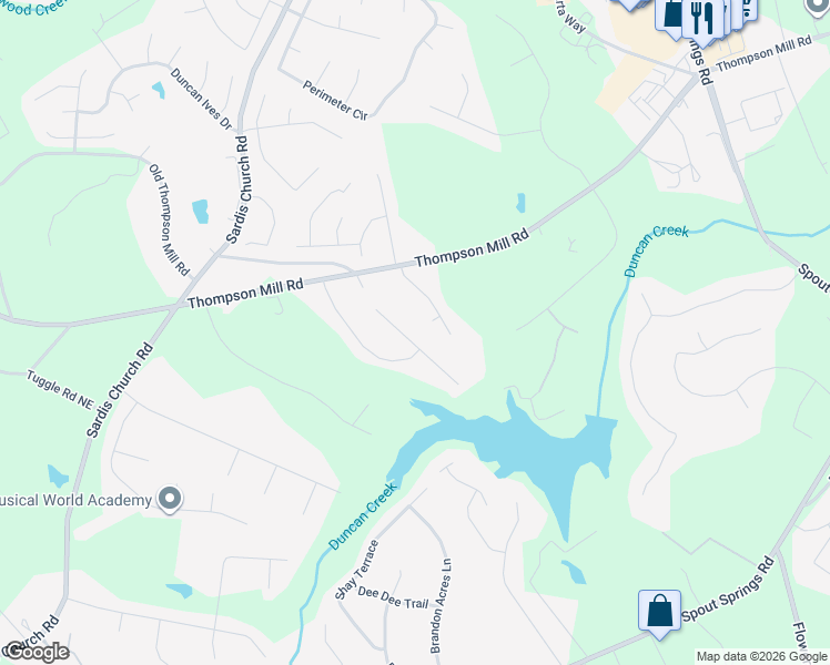 map of restaurants, bars, coffee shops, grocery stores, and more near 2505 Weber Heights Way in Buford