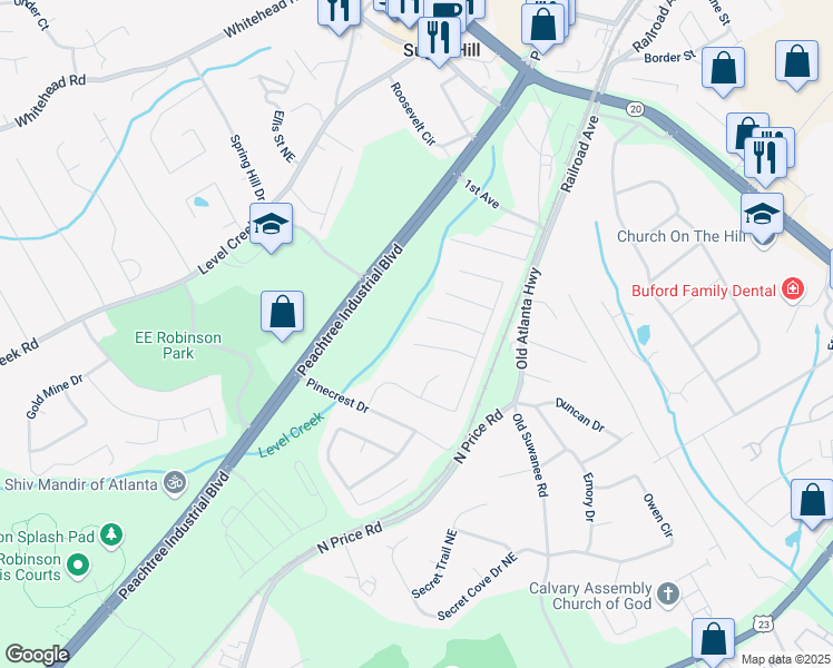 map of restaurants, bars, coffee shops, grocery stores, and more near 4687 Riley Run Court in Sugar Hill