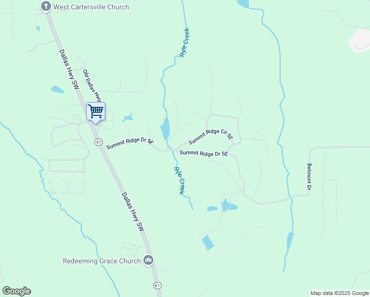 map of restaurants, bars, coffee shops, grocery stores, and more near 129 Summit Ridge Drive Southeast in Cartersville