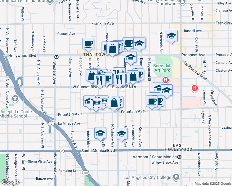 map of restaurants, bars, coffee shops, grocery stores, and more near 1425 Normandie Avenue in Los Angeles
