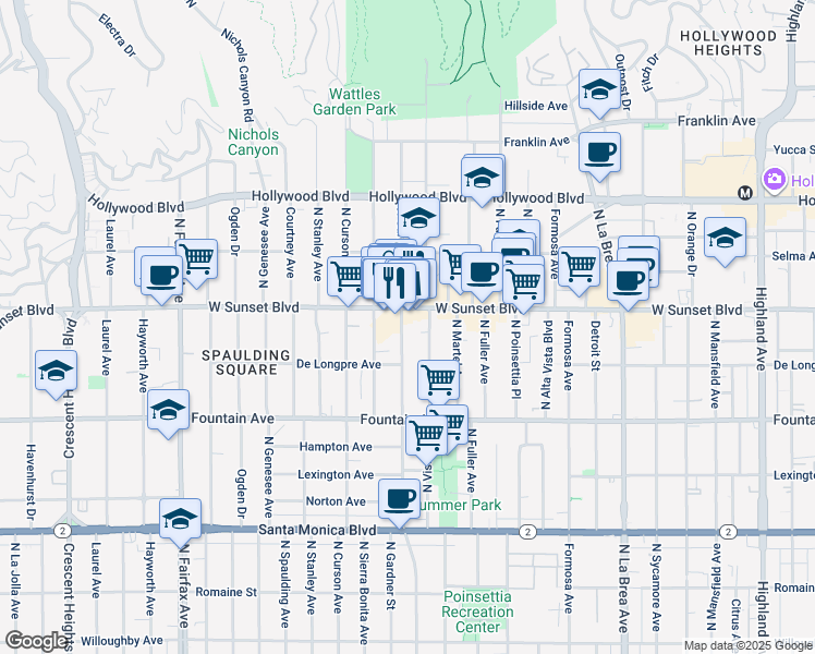 map of restaurants, bars, coffee shops, grocery stores, and more near 1440 North Gardner Street in Los Angeles