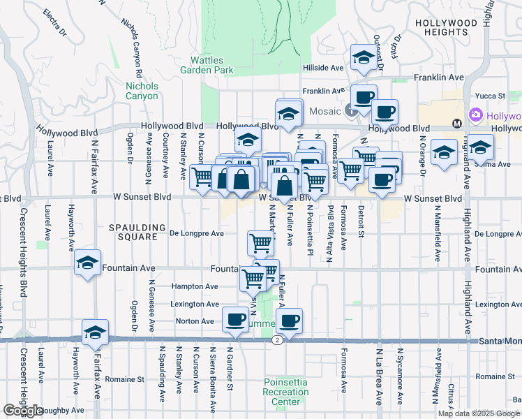 map of restaurants, bars, coffee shops, grocery stores, and more near 1450 North Vista Street in Los Angeles