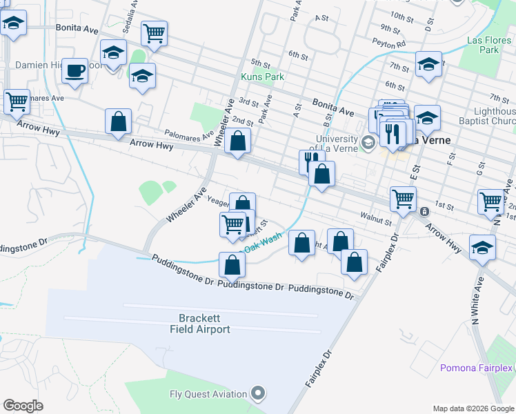 map of restaurants, bars, coffee shops, grocery stores, and more near 1751 Yeager Avenue in La Verne