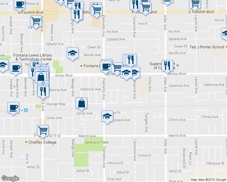map of restaurants, bars, coffee shops, grocery stores, and more near 17352 Valencia Avenue in Fontana