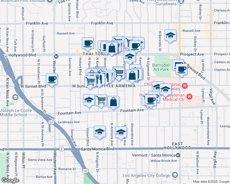 map of restaurants, bars, coffee shops, grocery stores, and more near 1425 Normandie Avenue in Los Angeles