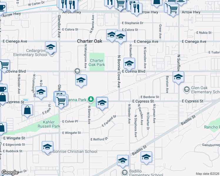 map of restaurants, bars, coffee shops, grocery stores, and more near 968 North Darfield Avenue in Covina