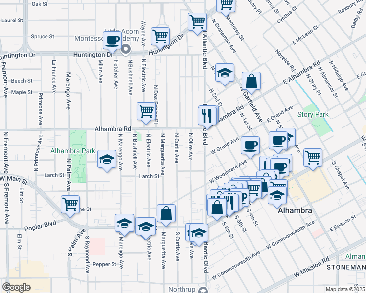 map of restaurants, bars, coffee shops, grocery stores, and more near 428 North Curtis Avenue in Alhambra