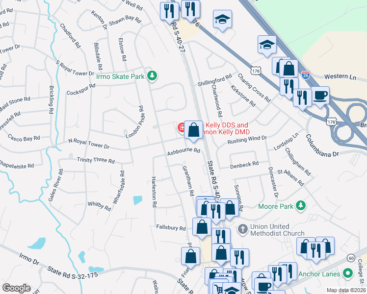 map of restaurants, bars, coffee shops, grocery stores, and more near 107 North Royal Tower Drive in Irmo