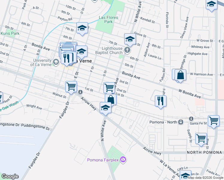 map of restaurants, bars, coffee shops, grocery stores, and more near 2147 North White Avenue in La Verne