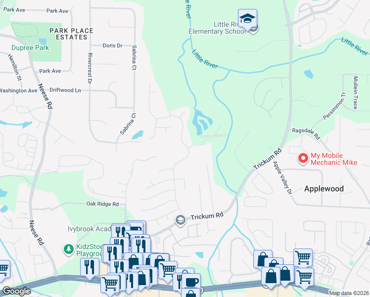 map of restaurants, bars, coffee shops, grocery stores, and more near 1053 Dunedin Trail in Woodstock