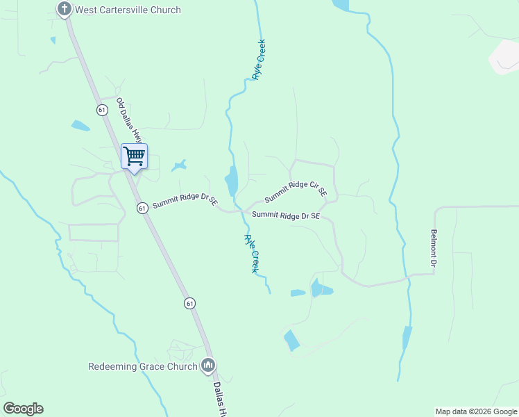 map of restaurants, bars, coffee shops, grocery stores, and more near 15 Summit Ridge Circle Southeast in Cartersville