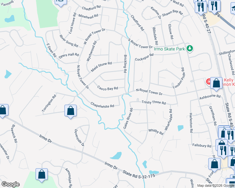 map of restaurants, bars, coffee shops, grocery stores, and more near 119 Casco Bay Road in Irmo