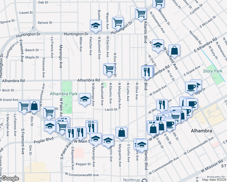 map of restaurants, bars, coffee shops, grocery stores, and more near 428 North Electric Avenue in Alhambra