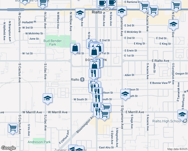 map of restaurants, bars, coffee shops, grocery stores, and more near 216 South Riverside Avenue in Rialto