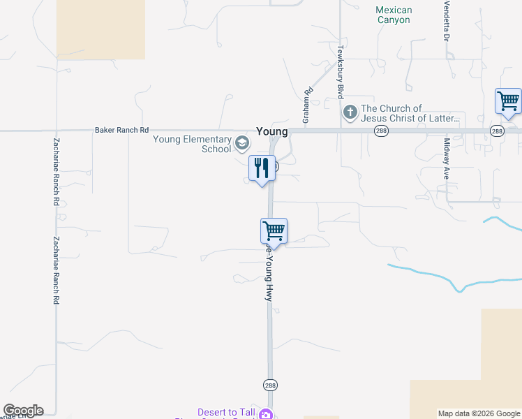 map of restaurants, bars, coffee shops, grocery stores, and more near 46777 Arizona 288 in Young