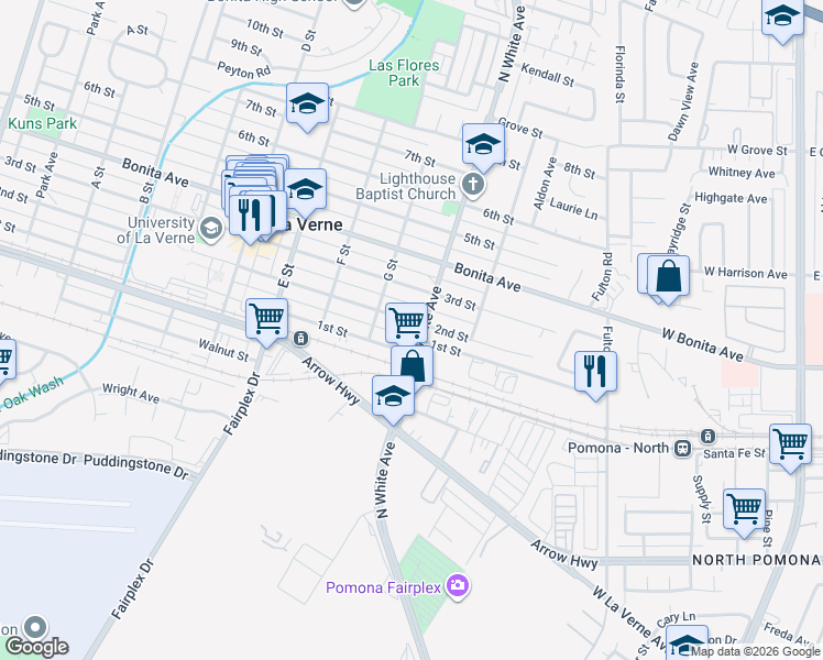 map of restaurants, bars, coffee shops, grocery stores, and more near 2477 2nd Street in La Verne