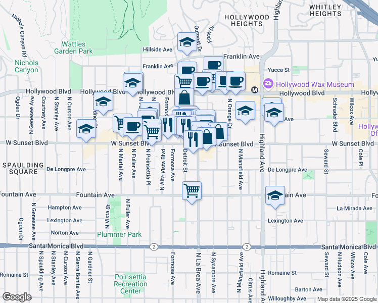 map of restaurants, bars, coffee shops, grocery stores, and more near 1446 North Detroit Street in Los Angeles