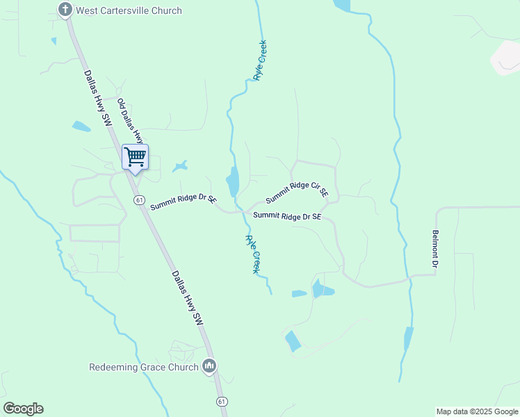 map of restaurants, bars, coffee shops, grocery stores, and more near 129 Summit Ridge Drive Southeast in Cartersville