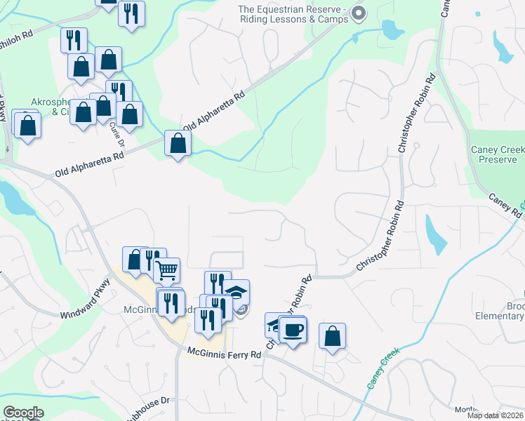 map of restaurants, bars, coffee shops, grocery stores, and more near 1230 Longpointe Pass in Alpharetta