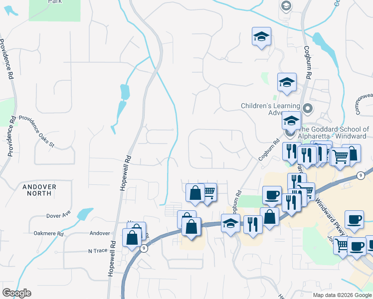 map of restaurants, bars, coffee shops, grocery stores, and more near 2389 Traywick Chase in Alpharetta