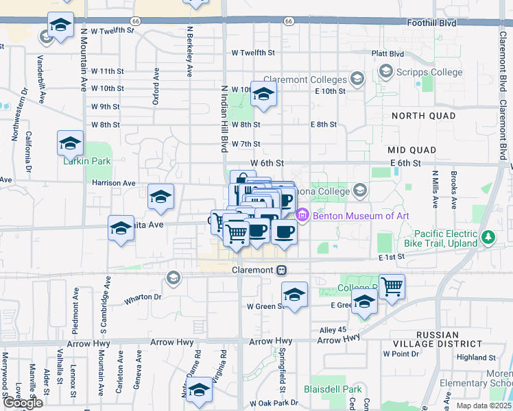 map of restaurants, bars, coffee shops, grocery stores, and more near 400 North Indian Hill Boulevard in Claremont