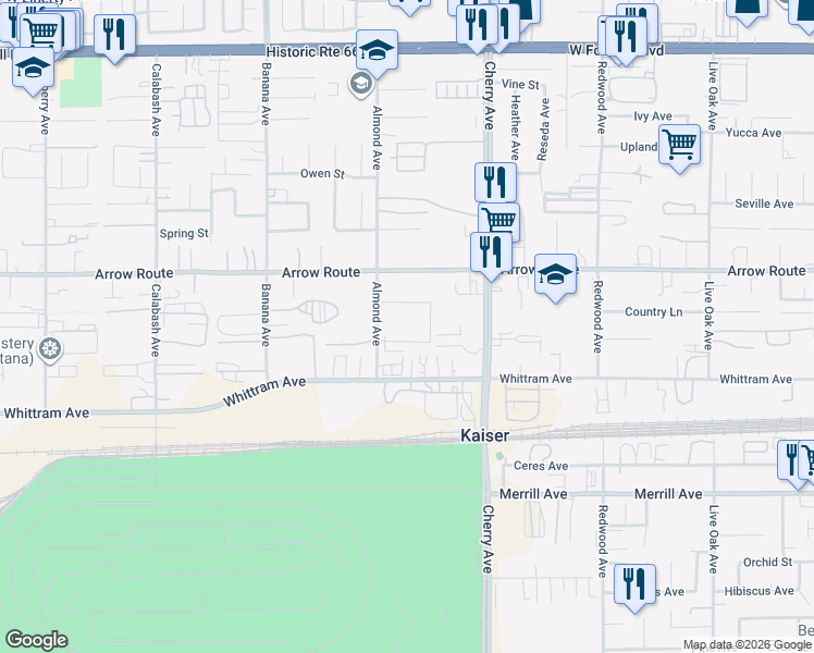 map of restaurants, bars, coffee shops, grocery stores, and more near 8565 Almond Avenue in Fontana