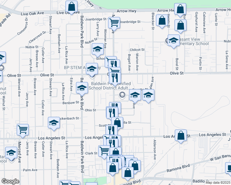 map of restaurants, bars, coffee shops, grocery stores, and more near 4668 Maine Avenue in Baldwin Park