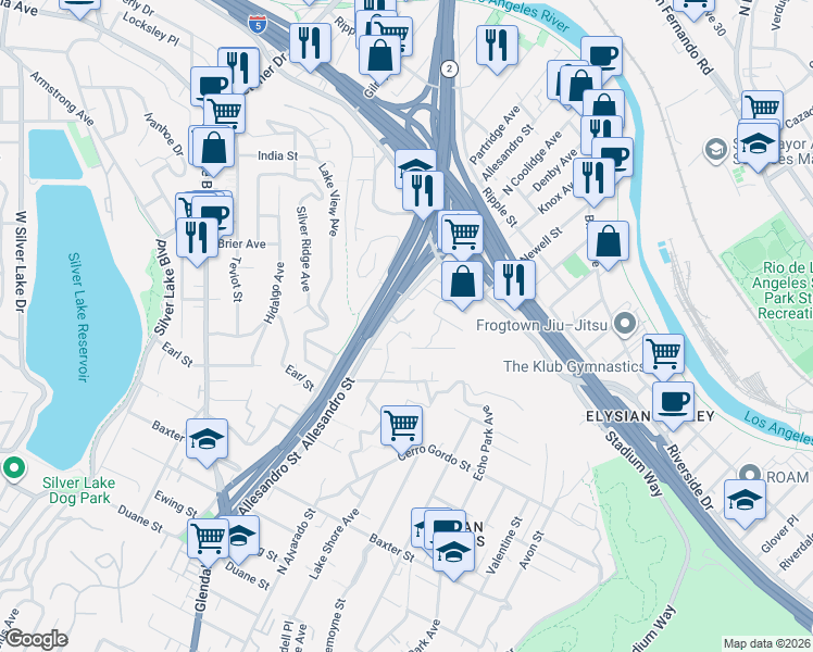 map of restaurants, bars, coffee shops, grocery stores, and more near 2504 Via Artis in Los Angeles