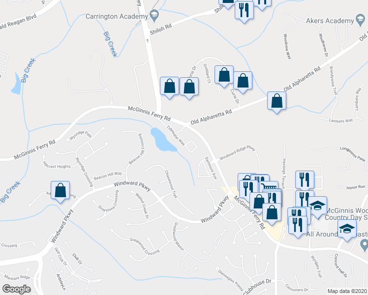 map of restaurants, bars, coffee shops, grocery stores, and more near 5010 Tidewater Way in Alpharetta