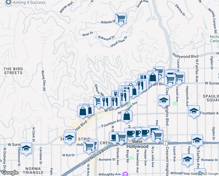 map of restaurants, bars, coffee shops, grocery stores, and more near 8417 Harold Way in Los Angeles